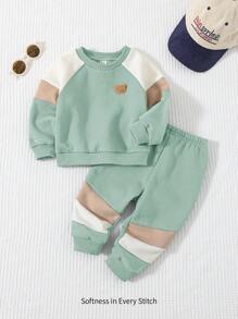 Cozy Pixies 2pcs/Set Baby Boy Decoration Embroidery Colorblock Round Neck Raglan Sleeve Hoodie And Jogger Pants Set