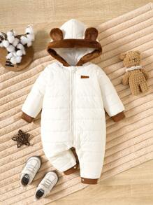 SHEIN Combinaison chaude à capuche et patchwork 3D oreilles mignonne pour bébés garçons en automne et hiver, convient pour les sports de plein air et le ski
