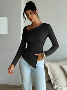 Firerie Classic Solid Color Fitted Long Sleeve Asymmetrical Neck Ruched Waist Tight T-Shirt, Elegant Everyday/Casual Date/Going Out Wear, Autumn/Winter - Black - View 3