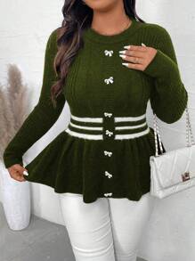 Calvaya Sweater Rajut Kasual Lengan Panjang Leher Bulat Ukuran Besar dengan Hiasan Pita, Cocok untuk Musim Gugur dan Musim Dingin. - Hijau Tentara - View 6