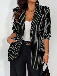 Vionelle Plus Size Striped Print Single Button Elegant Business Casual Long Sleeve Blazer Jacket,Black And White,Autumn,Formal,Teacher Outfits For Women Fall - Black - View 4