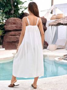 SHEIN Maternity Beach Cover Up Dress - Solid Color Chiffon Dress With Spaghetti Straps Summer - White - View 2