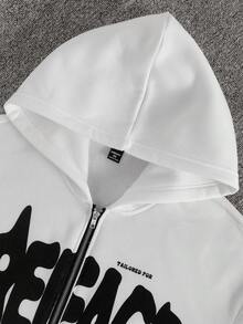 Manfinity EMRG 大码男士字母印花拉链前休闲连帽运动衫，秋季外出街头装长袖拉链连帽衫，适合朋友、丈夫、男朋友的礼物 - 白色 - 查看 8