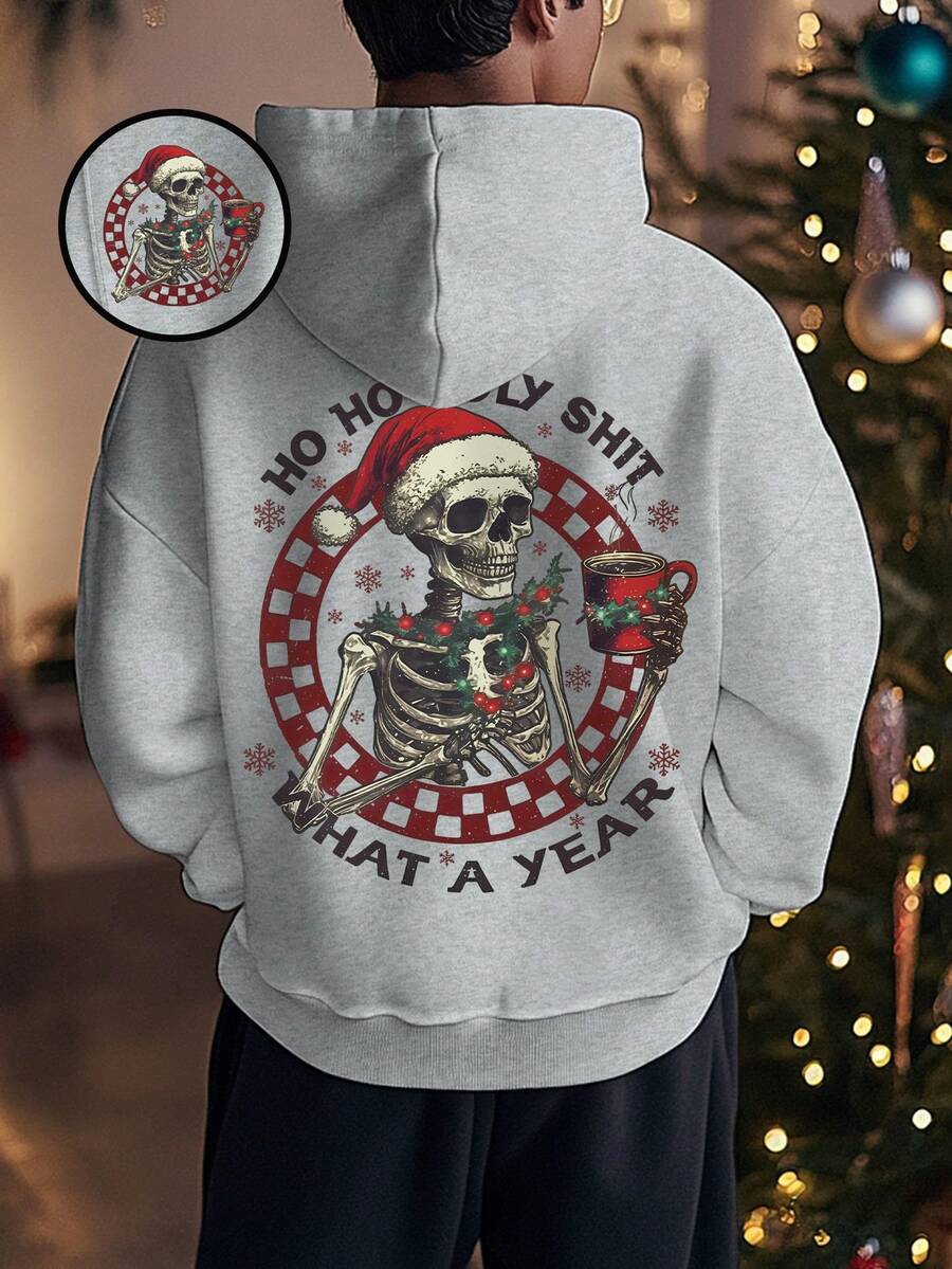 Manfinity Dauomo Herren Lässig Fleece Skull & Weihnachts Muster Kapuzen Langarm Sweatshirt