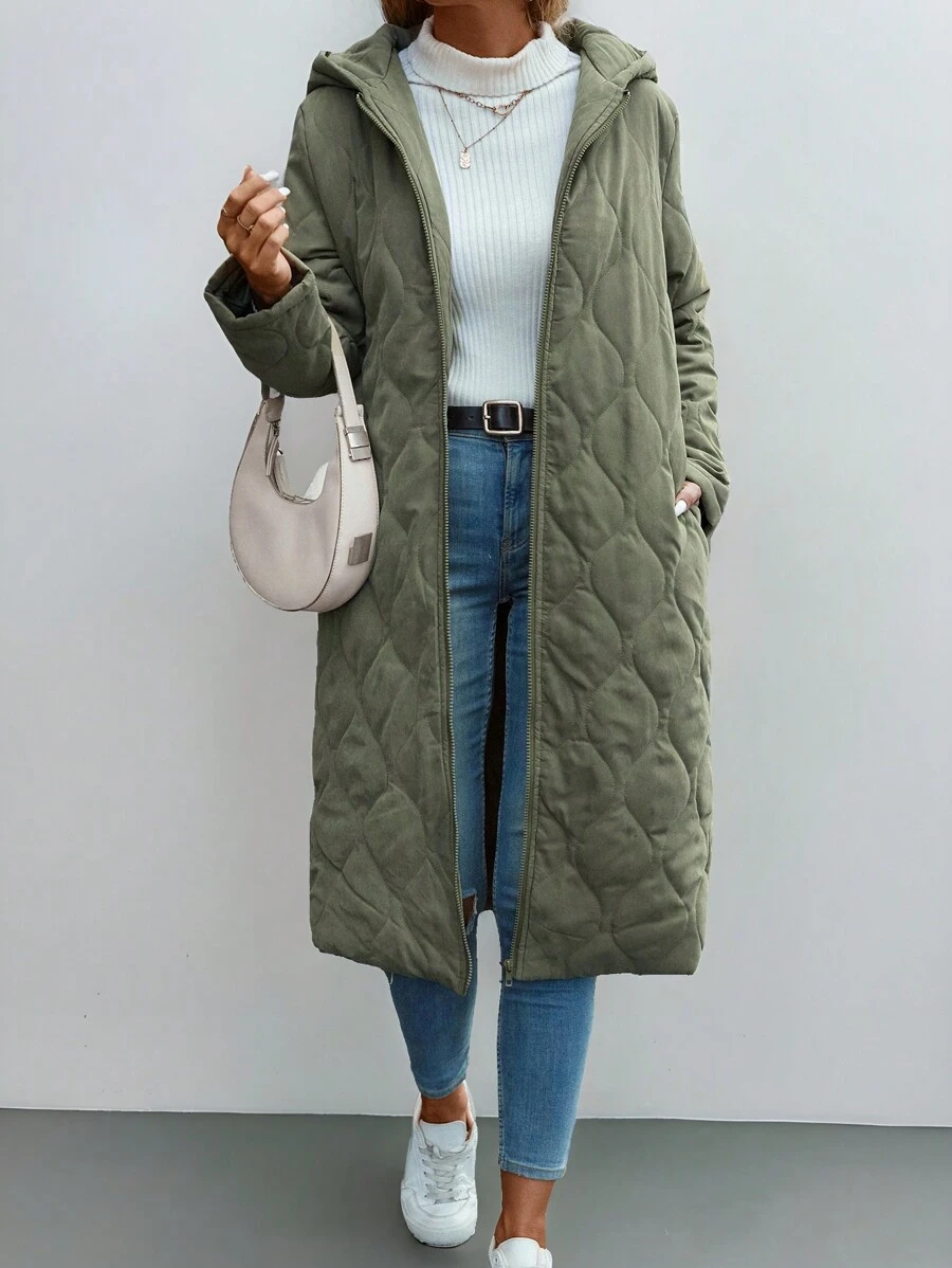 SHEIN PETITE Chaqueta acolchada con capucha y cierre frontal de cremallera de color liso, manga larga de invierno - Verde militar - Ver 1