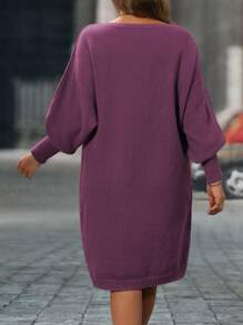 SHEIN LUNE Women Plus Size Solid Color Round Neck Batwing Sleeve Elegant Sweater Dress, Autumn/Winter - Purple - View 2