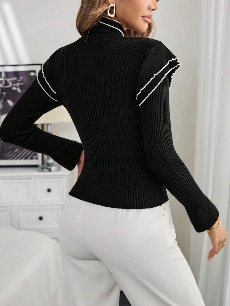 Chiquease 时尚撞色高领长袖针织毛衣，修身显瘦套头衫，女士秋冬针织衫 - 黑色 - 查看 2