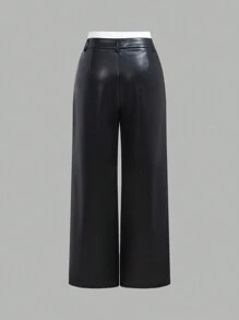 SHEIN EZwear Women PU Black Zipper Fly Wide Leg Pants, For Fall