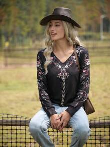 LanaWest Camiseta holgada de manga larga con cuello en V y estampado floral para mujer, camisetas gráficas de otoño para mujer para primavera - Negro - Ver 7