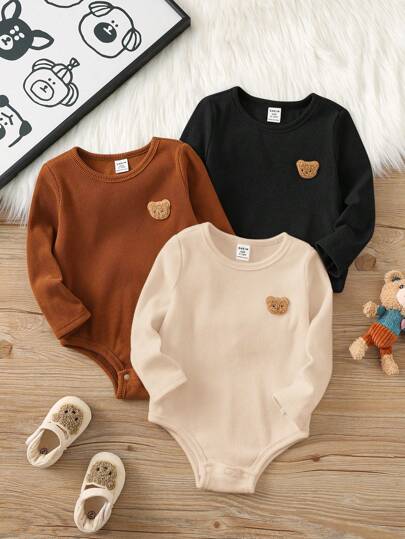 SHEIN 3pcs Newborn Baby Boy/Girl Cute Cartoon Bear Pattern Knitted Elastic Bodysuit Set, Suitable For Autumn & Winter