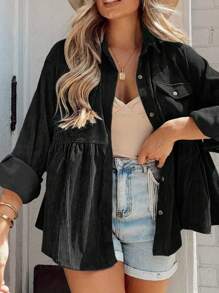 INAWLY Plus Size Women Button Down Casual Solid Color Shirt - Black - View 1