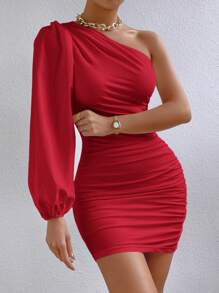 SHEIN Privé Vestido corto informal minimalista de manga larga con hombro oblicuo y un solo color para mujer