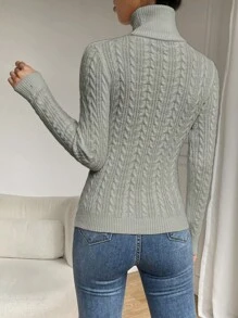 Chiquease 女士休闲纯色高领粗针织修身毛衣，适合秋冬季 - 灰色 - 查看 2