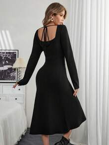 SHEIN Unity Women Bow Decorated Simple Casual Knit Sweater Dress, Long Sleeve - Black - View 2