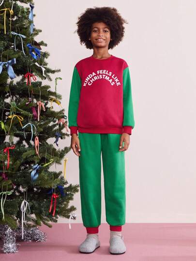SHEIN Conjunto informal de dos piezas con sudadera con cuello redondo y estampado de eslogan de contraste de color, y pantalones cónicos de cintura elástica para niño preadolescente en otoño/invierno
