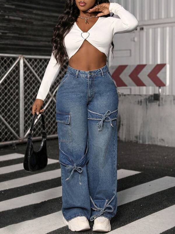 SHEIN SXY Women's Fashion Tie Front Button Pocket Casual Loose Wide Leg Jeans