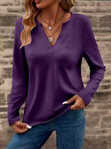 EMERY ROSE 休闲纯色缺口领长袖 T 恤，秋季 - 紫色 - 查看 6