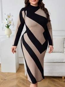 Modelyn Váy len thanh lịch dài tay cổ tròn kẻ sọc cỡ lớn cho nữ, mùa thu/đông - Nhiều màu - Xem 6