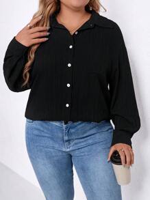 SHEIN LUNE 大码女式宽松长袖纯色休闲衬衫秋冬季女士衬衫 - 黑色 - 查看 5