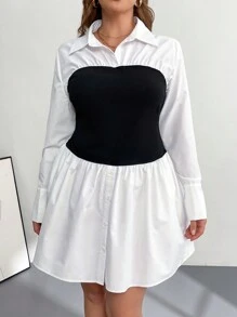 SHEIN Essnce Plus-Size Women's Shirt Dress, 2 In 1 Dress, Black And White Dress, Casual Long-Sleeved Shirt Dress, Fall Dress Fall Women Dresses,Turtleneck Long Sleeve - White - View 4
