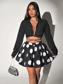 Viva Relle Falda midi con lunares y camisa con lazo cruzado de talla grande - Negro - Ver 1