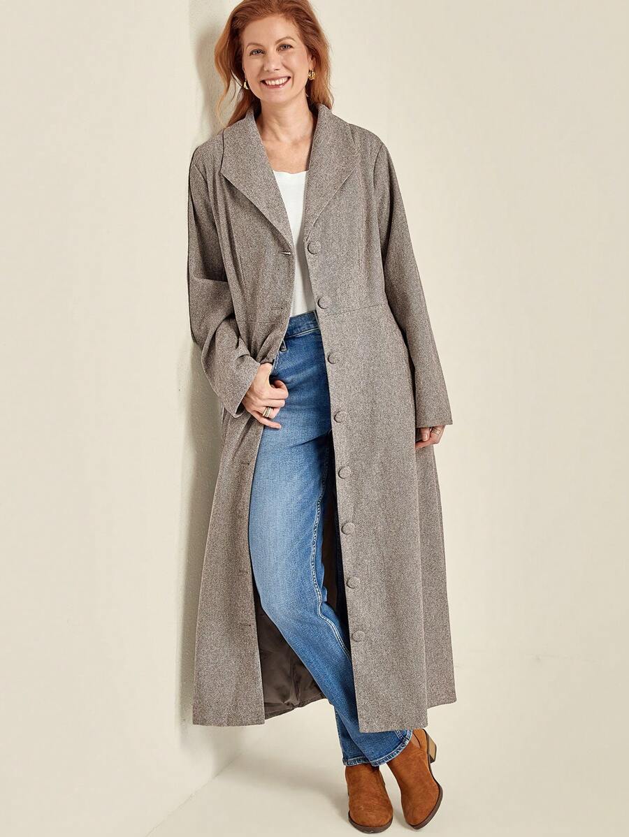 SHEIN Clasi 1pc Women Plus Size Plain Fitted Long Overcoat Fall Cloth For Women - Khaki - View 1