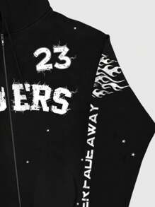 ROMWE MEN Street Life Men's Front Zip Letter Graphic Minimalist Casual Hoodie Sweatshirt - Black - View 5