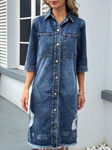 Ripped Fringe Hem Long Denim Jacket - Medium Wash - View 3