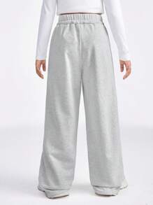 SHEIN Pantalón de chándal holgado con piernas anchas, bolsillos y cintura con lazo para niñas preadolescentes - Gris Claro - Ver 2