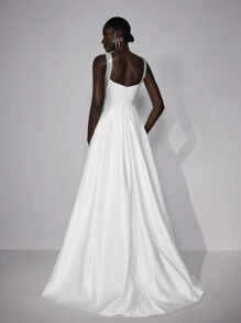 Elitara 优雅奢华香槟色缎面荷叶边美人鱼裙，泡泡下摆设计，适合婚礼、单身派对、度假、舞会、新娘、白色礼服、新娘 - 白色 - 查看 3