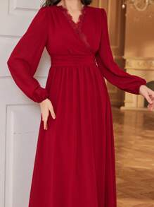 Modelyn Women's Vintage V-Neck Waisted Lace Trim Dress - Burgundy - View 3