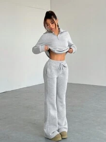 SHEIN EZwear Bộ 2 áo nỉ trơn màu đơn giản và quần nỉ cho nữ, mùa thu/đông - Xám - Xem 6