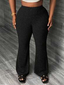 Slaydiva Plus Size Elastic Waist Casual Wide Leg Long Ribbed Flare Pants, Suitable For Autumn And Summer