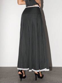 SHEIN ICON Falda midi plisada a rayas de cintura baja con decoración de encaje para mujer