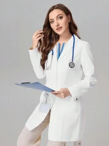 TaskEZ Women's V-Neck Long Sleeve Double Pocket Long White Coat Nurse/Doctor Work Uniform Autumn And Winter Ladies Outerwear, Health Check Surgical Gown Uniforms Women Solid Color Pet Grooming Work Uniform Tops Nutritionist Work Clothes Short Sleeve Laboratory Work Clothes, Multi-Pocket Functional Work Clothes, Functional Women's Clothing Can Be Worn On Christmas, Women's Fashion Coat, Front Placket Button Design Fashionable And Easy To Put On And Take Off
