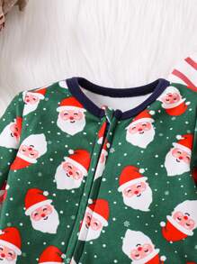 SHEIN 2pcs Newborn Baby Boys Christmas Santa Claus & Stripe Print Soft & Comfortable Long Sleeve Zipper Closure Romper Outfit Set