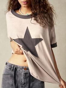 Bohemela Vacation Colorblock Embroidered Patches Round Neck Loose Short Sleeve T-Shirt For Women - Apricot - View 1