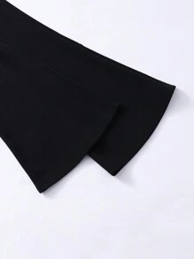 SHEIN Conjunto de blusa de cuello en V con moño y pantalones rectos de unicolor para niña preadolescente, de moda y divertido, adecuado para todas las estaciones - Blanco y Negro - Ver 4