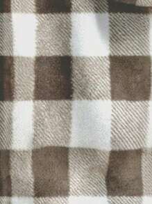 SHEIN LUNE 连帽拉链不对称下摆口袋格子印花羊毛夹克 - 卡其色 - 查看 6