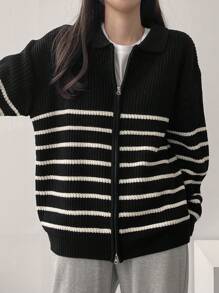 DAZY Women Striped Color Block Zip Up Cardigan,Fall Clothes - Black and White - View 6
