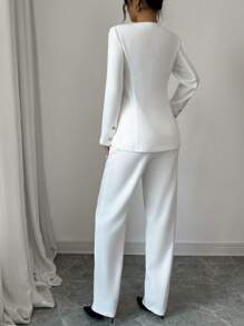 Elenzga 2 件套女士纯色圆领长袖单排扣夹克和裤子优雅套装，秋季 - 白色 - 查看 2