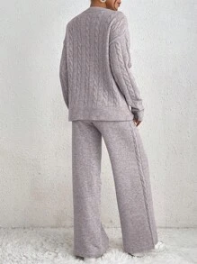 Chiquease 2pcs/Set Solid V-Neck Cable Pattern Long Sleeve Pullover Sweater And Long Underwear, Casual - Dusty Purple - View 2