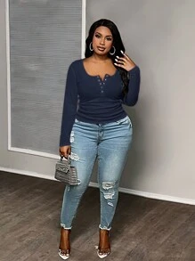 Slaydiva Plus Size Casual All-Match Biała Slim Fit z Głębokim Dekoltem w kształcie litery U Długi Rękaw T-shirt-C