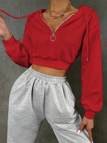 SHEIN Unity Casual Solid Color Zipper Half-Zip Drawstring Hooded Cropped Sweatshirt, Autumn For New Year Clothes - Red - View 5