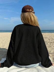 Muchica 休闲纯色针织圆领宽松女式运动衫，正面印花 - 黑色 - 查看 2