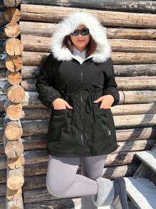 SHEIN EZwear 大码女式保暖夹棉大衣，黑色，适合寒冷天气，适合冬季 - 黑與白 - 查看 3