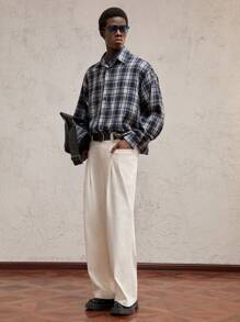 AKNOTIC Business Casual 男士宽松编织格子领休闲长袖都市棉质衬衫，适合日常穿着，老款男士宽松衬衫，可作为男朋友的礼物 - 藍白色 - 查看 1