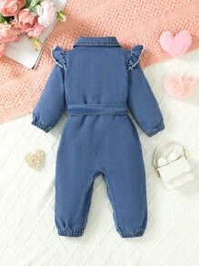 Baby Girls Casual Blue Cap Sleeve Heart Decor Washed Denim Jumpsuit Pants, New Arrival Autumn/Winter,Holiday,Summer,Travel - Blue - View 2