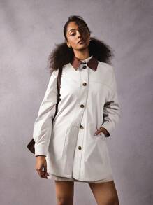 Athîral Barn Jacket-Spliced Brown Collar Casual Trench Coat Autumn And Winter Women's Women's Design Fashionable And Versatile Casual Trench Coat Women's Clothing-Barnfit Style - Cream - View 1