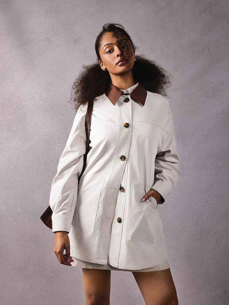 Athîral Barn Jacket-Spliced Brown Collar Casual Trench Coat Autumn And Winter Women's Women's Design Fashionable And Versatile Casual Trench Coat Women's Clothing-Barnfit Style - Cream - View 1